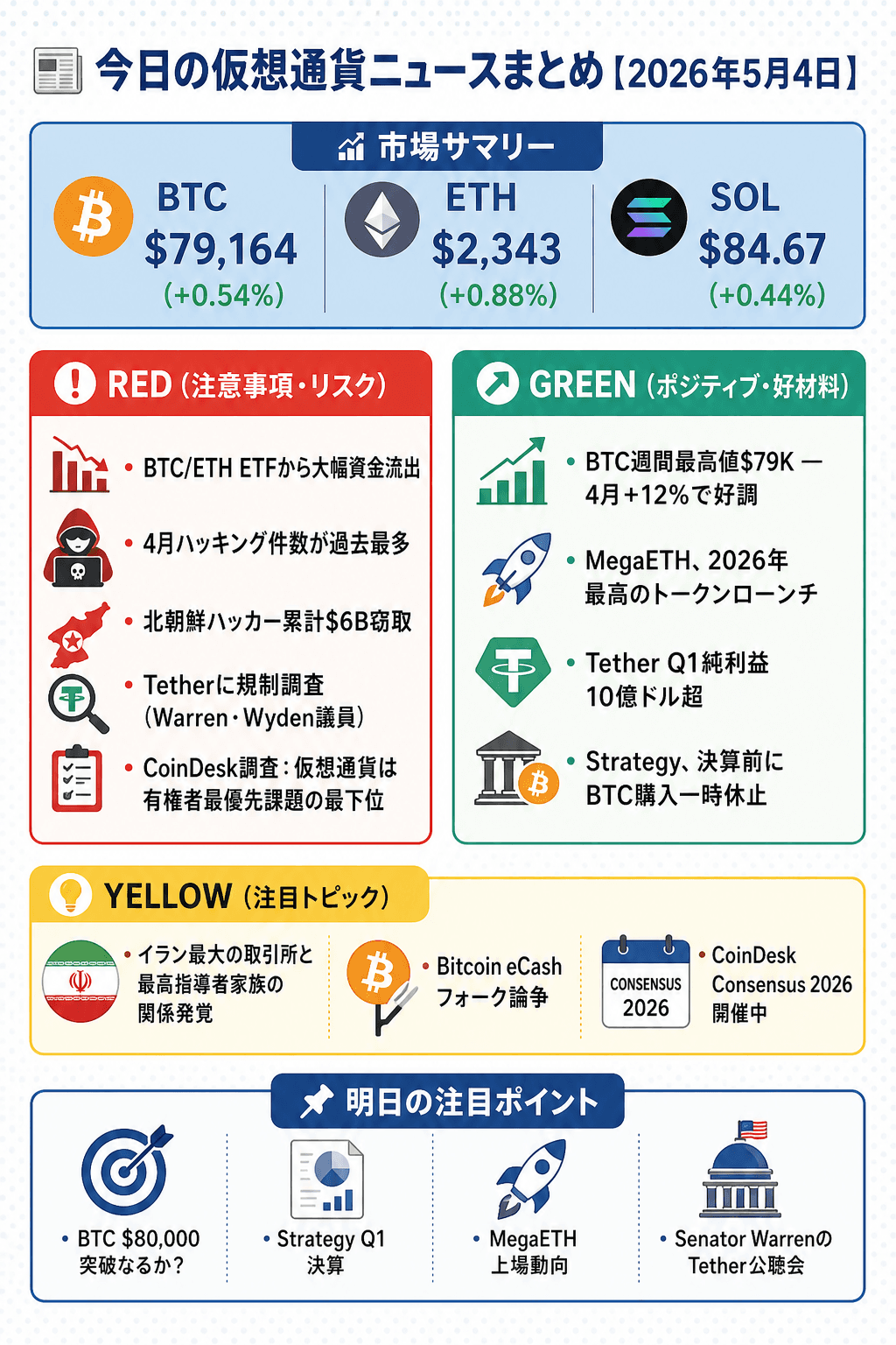 2026年5月4日 仮想通貨ニュースまとめのインフォグラフィック